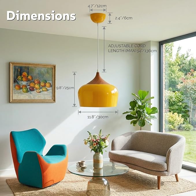 Modern Pendant Light Fxtures Kitchen, Hanging Light Fixtures Ceiling Mount, Wood Metal Shade Pendant Lamp for Dining Room, Bedroom, Living Room, Bathroom, Entryway, Small Chandelier, Glossy Yellow