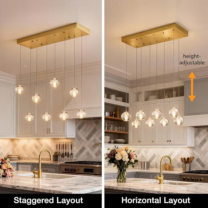 8 Lights Gold Raindrop Rectangle Chandelier, Modern Bubble Crystal Chandelier for Dining Room, Large Pendant Light for High Ceilings Staircase Foyer Entryway Living Room Kitchen Island