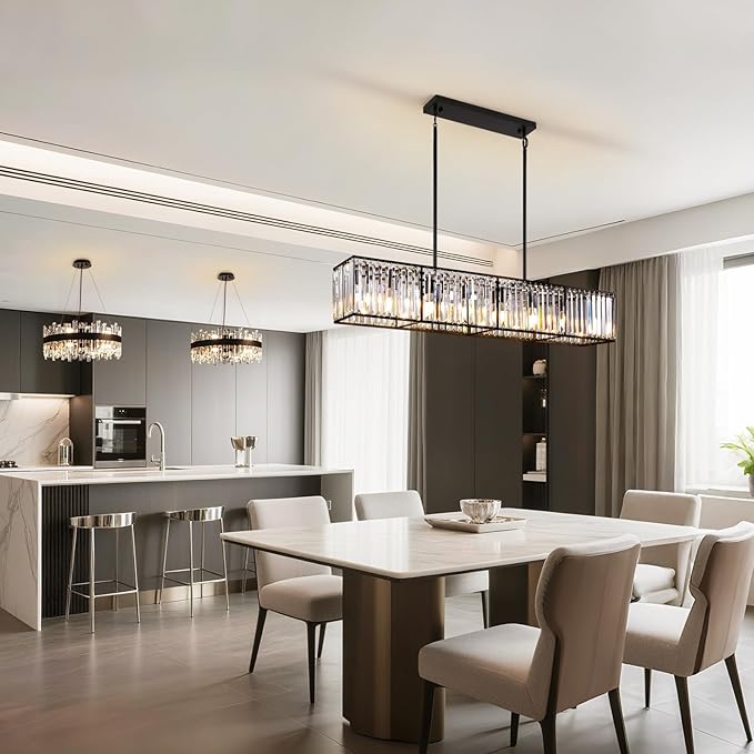 Siljoy Modern Crystal Chandelier for Dining Room, 7 Lights Black Large Rectangular Farmhouse Crystal Chandelier Industrial Rectangle Pendant Ceiling Light for Living Room Kitchen Island Bar L47''