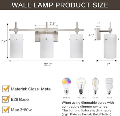 SOLFART Brushed Nickel Bathroom Light Fixtures, 3-Light Modern Vanity Light Over Mirror, Wall Sconces with Milky White Frosted Glass Shades, E26 Socket (Bulbs Not Included)