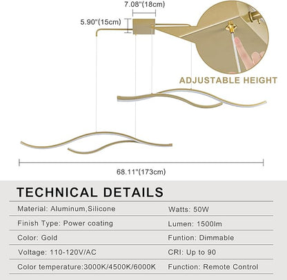 Mayful LED Chandelier, Modern Chandelier with Remote Control, Dimmable 3000K-6000K Adjustable Temperature, Height Adjustable Kitchen Island Pendant Light for Dining Room, Living Room Gold 64.2 inch
