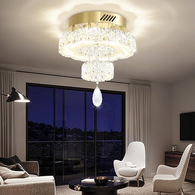 Flashing God Small Crystal Chandeliers Dia 12" Gold Chandelier Flush Mount Ceiling Light for Bedroom Living Room Dining Room Hallway Dimmable 3 Rings LED Celing Lighting Fixtures