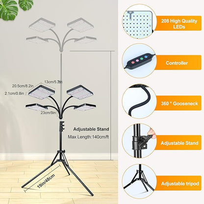 FECiDA 2026 4Head Grow Light with Stand, 100 Watt Power Draw, Bright and Big Coverage Grow Lights for Large Houseplants, Bonsai Tree, 4/8/12/16/20 Hr Timer, 24"-72" Height Adjustable, 360° Gooseneck