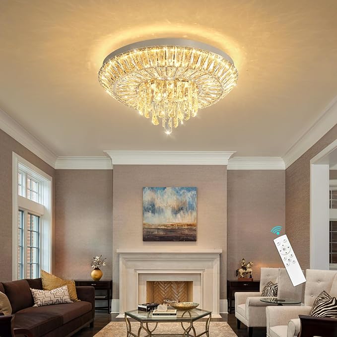 Crystal Chandelier 40W Modern Round Ceiling Light Fixture LED Raindrop Chandeliers Dimmable with Remote for Dining Room Living Room Entryway Hallway Bedroom Silver