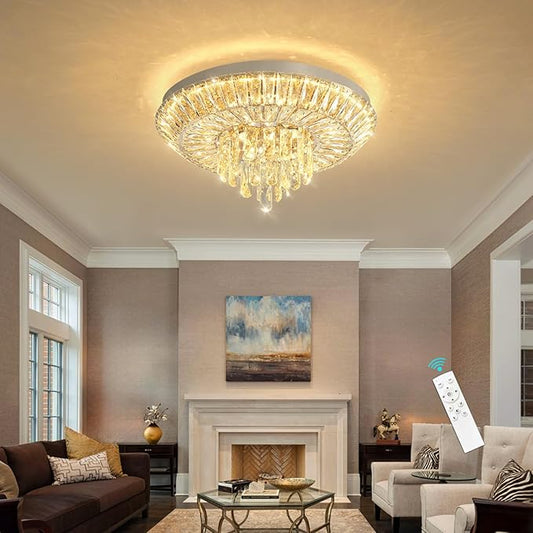 Crystal Chandelier 40W Modern Round Ceiling Light Fixture LED Raindrop Chandeliers Dimmable with Remote for Dining Room Living Room Entryway Hallway Bedroom Silver