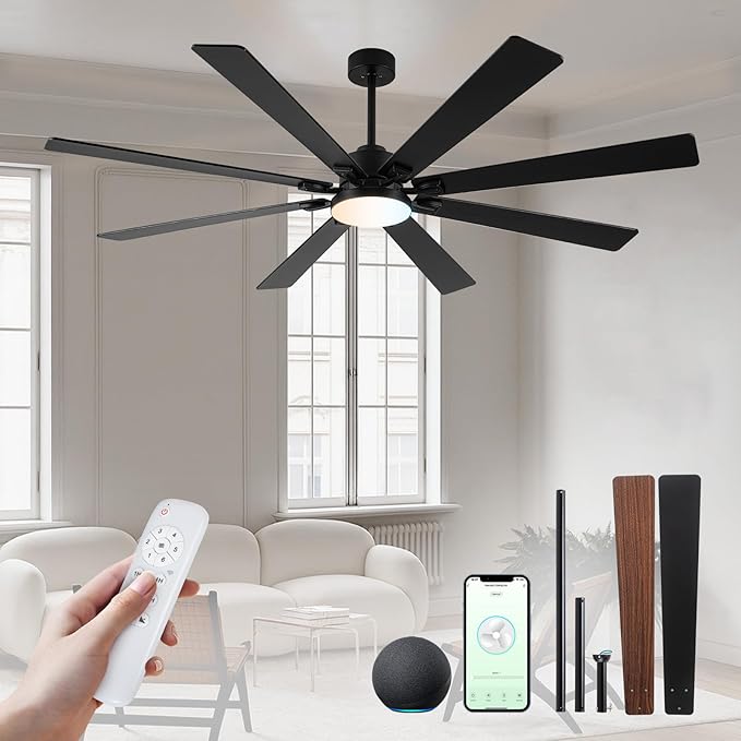 Minislak 72 Large Smart Ceiling Fan with Lights and Remote,Black Indoor & Outdoor Ceiling Fan for Living Room,Patio,6 Speed,Quiet DC Motor,3CCT,8 Wooden Blades