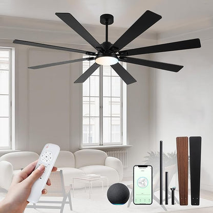 Minislak 72 Large Smart Ceiling Fan with Lights and Remote,Black Indoor & Outdoor Ceiling Fan for Living Room,Patio,6 Speed,Quiet DC Motor,3CCT,8 Wooden Blades