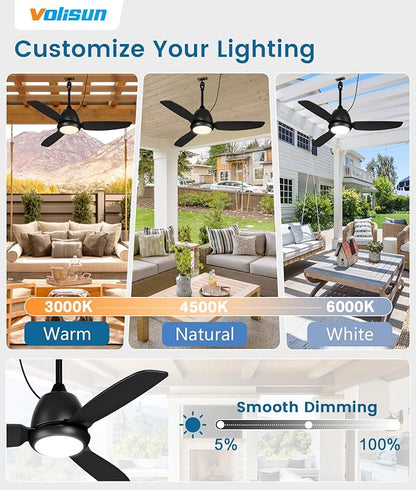 VOLISUN Outdoor Ceiling Fans with Light for Patios, 42in Weatherproof Plug in Ceiling Fan, 3CCT Dimmable Gazebo Fan Remote&APP Control, Black Caged Ceiling Fan for Porch, Pergola,Canopy,Pavilion