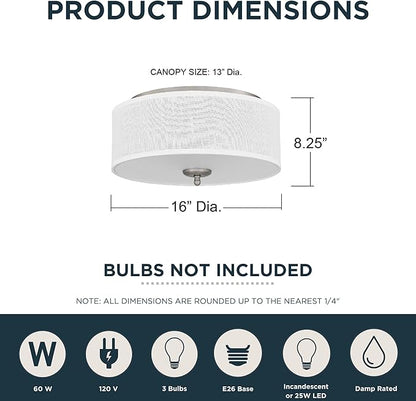 Quoizel Blanche 16" Flush Mount Ceiling Light with Premium Fabric Shade, Brushed Nickel, ETL Damp Rated for Kitchen or Bath