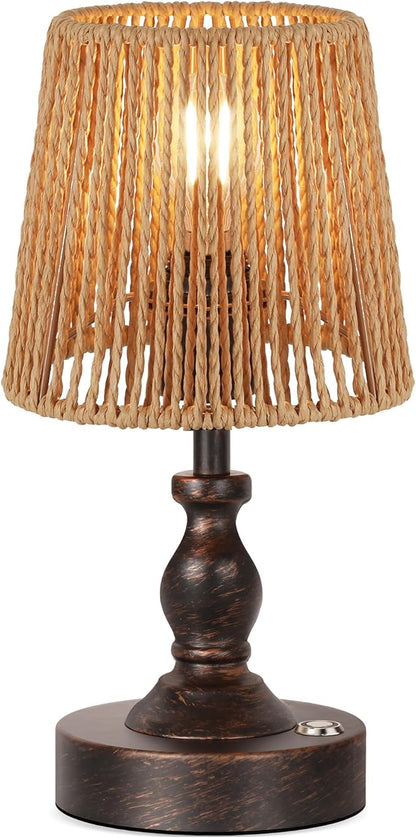 PARTPHONER Mini Cordless LED Table Lamp, 5200mAh Rechargeable Battery Operated Lamp, 3-Level Brightness, Touch Dimmable Desk Lamp, Bedside Night Light with Rattan Shade, Oil Rubbed Bronze