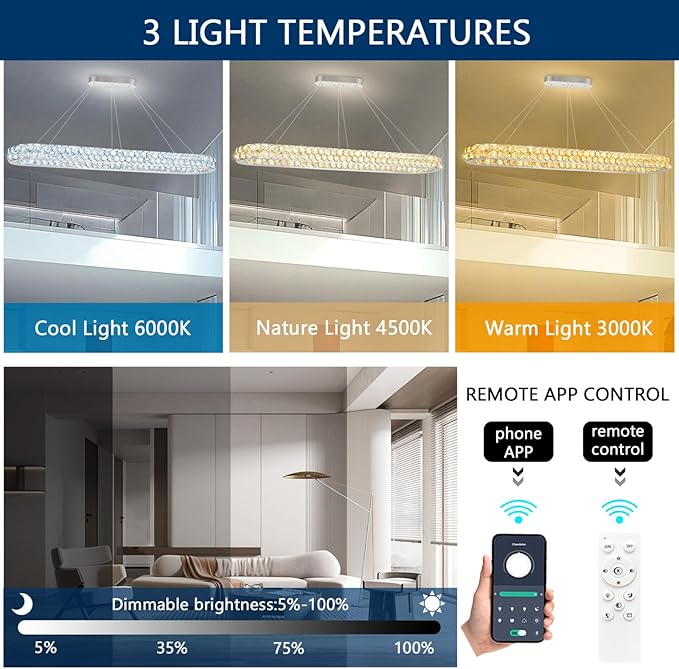 59'' Modern Oval Chandelier Crystal Chandeliers for Dining Room Round Ceiling Light Fixture for Living Room Lighting LED Dimmable with Remote Ring Lights Silver