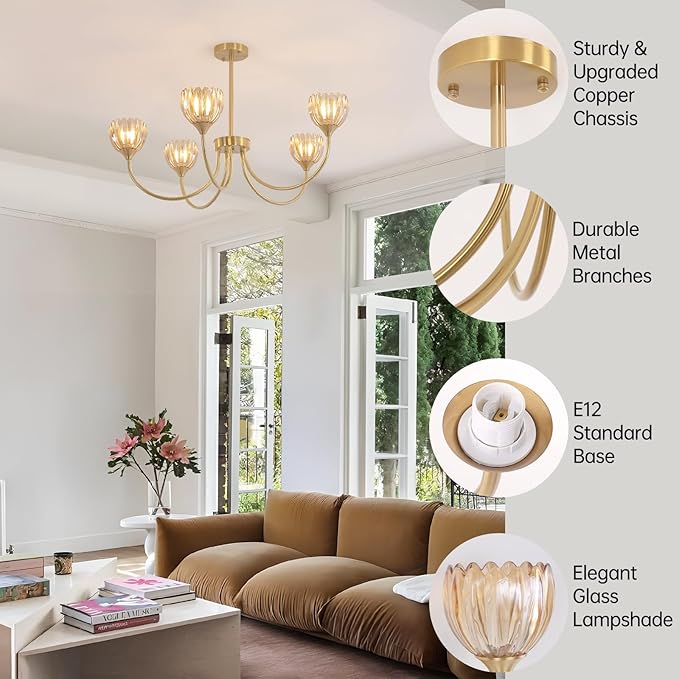 Shenmoyl 30.31" Brass Gold Chandelier, 5-Light Chandelier Light with Amber Tulip Glass Lampshade, Height Adjustable Vintage Chandeliers for Dining Room Living Room Kitchen Island