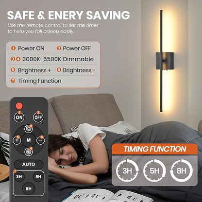 Battery Operated Wall Sconces with Remote Control, 11000mAh LED Wireless Rechargeable Black Wall Lights, 350°Rotate Dimmable Wall Lamp, 3 Color Temperatures, for Bedroom, Living Room, Hallway, 2 PCS