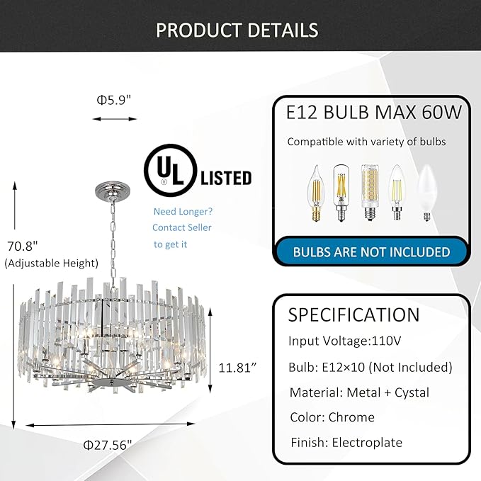 Chrome Crystal Chandeliers for Dining Room, 27.6" Modern Round Chandelier Large Adjustable Height Ceiling Hanging Pendant Light Fixture for Dining Living Room Bedroom