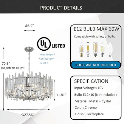 Chrome Crystal Chandeliers for Dining Room, 27.6" Modern Round Chandelier Large Adjustable Height Ceiling Hanging Pendant Light Fixture for Dining Living Room Bedroom