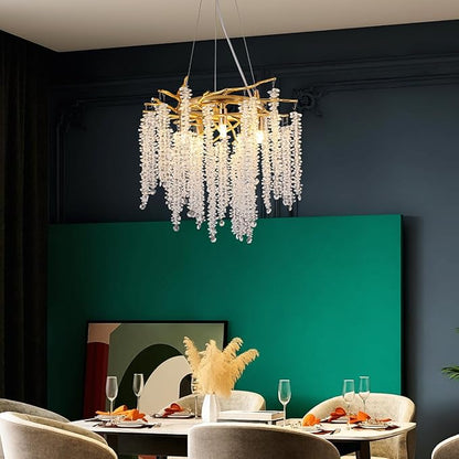 Tree Branches Chandeliers Luxury Round Raindrop Crystal Pendant Light Fixture 8 Light Tassel Ceiling Hanging Light for Dining Room Bedroom Living Room Entryway 15.8" Gold