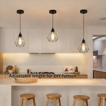 COTTAGE LIFE Black Pendant Light Fixtures 2 Pack, Farmhouse Industrial Metal Cage Pendant Lights, Adjustable Hanging Light Fixtures for Kitchen Island, Dining Room, Bar, Bedroom, Hallway