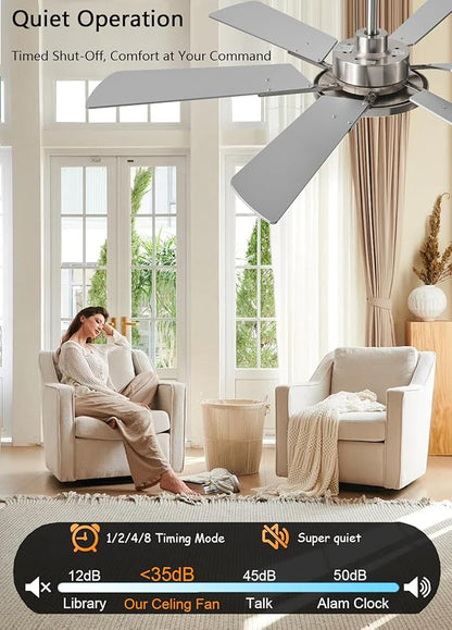 JSAITEE 52 Inch Low Profile Ceiling Fan with Light, Remote & App Control, 3CCT Dimmable,6 Speed 6 Blades Ceiling Fans, Quiet Reversible DC Motor, Modern Nickel Ceiling Fan for Bedroom Living Room