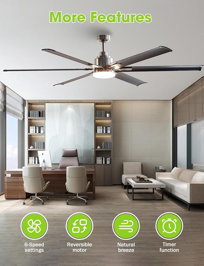 72-Inch DC Motor Ceiling Fan with LED Light, 6 Black Aluminum Blades, Remote Control, Reversible, Energy Efficient Large Indoor/Outdoor Ceiling Fan for Living Room, Patio