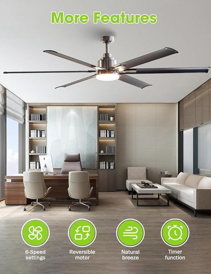 72-Inch DC Motor Ceiling Fan with LED Light, 6 Black Aluminum Blades, Remote Control, Reversible, Energy Efficient Large Indoor/Outdoor Ceiling Fan for Living Room, Patio