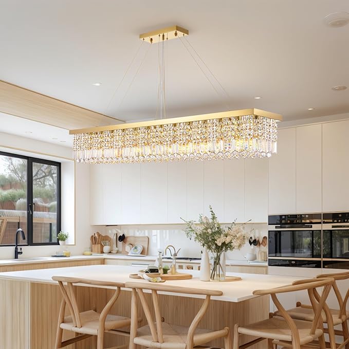 Siljoy Rectangular Gold Crystal Chandelier, 13-Light Modern Rectangle K9 Crystal Raindrop Chandelier, Luxury Dimmable Crystal Ceiling Light for Dining Room Living Room Kitchen Island L59''