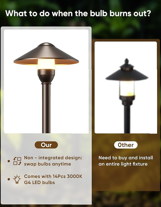 PARTPHONER Low Voltage Landscape Lighting 12-Pack, Aluminum 12V Pathway Lights with G4 Bulbs, Waterproof Oil Rubbed Bronze Color Round Shade Path Lights with Connectors for Walkway Yard Garden