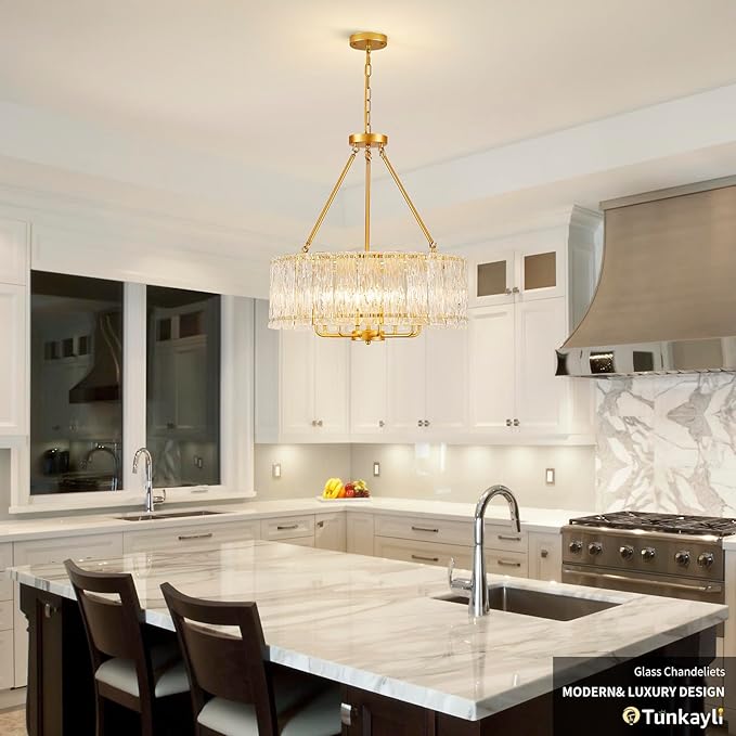 24" Modern Gold Crystal Chandelier Luxury 8-Light Round Drum Glass Chandelier Elegant Large Ceiling Light Fixture for Living Room, Dining Room, Bedroom, Foyer