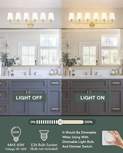 Bathroom Light Fixtures, 42 Inch Brushed Gold Vanity Lights with Flared White Fabric Shade, 6-Light Wall Sconce, Modern Sconces Wall Lighting for Hallway Bedroom, VL837-BG-6