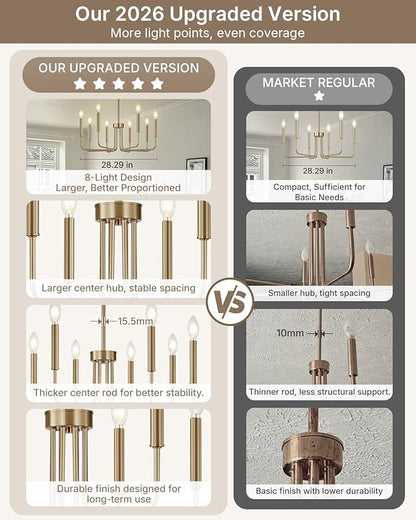Yunnix 8 Light Champagne Bronze Chandelier - Modern Gold Chandelier Dining Room Light Fixture - 28" Vintage Chandelier for Bedroom Kitchen Island Lighting, Foyer and Living Room