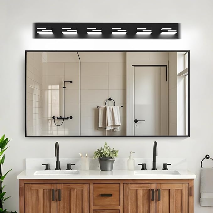 LED Modern Bathroom Vanity Light Fixtures, 6-Light 40-inch Dimmable Matte Black Vanity Lights for Bathroom Lighting Fixtures Over Mirror, with 360° Rotatable Acrylic Heads (Cool White 6000K)