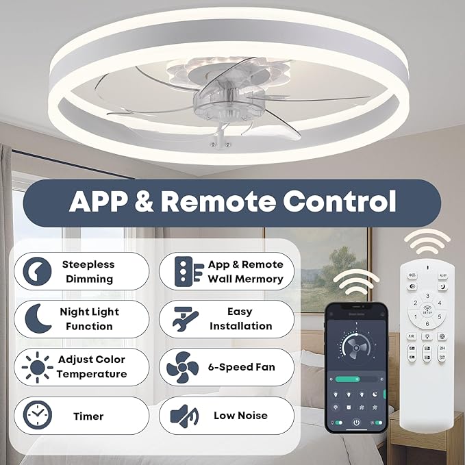Fszdorj 23.6'' Ceiling Fan with Light, Upgraded Low Profile Fan, Flush Mount Ceiling Fan, 6 Speeds, Dimmable LED, App & Remote Control, Quiet DC Motor, for Bedroom, Living Room, F105 White
