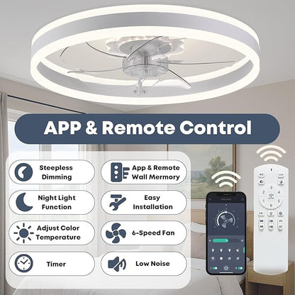 Fszdorj 23.6'' Ceiling Fan with Light, Upgraded Low Profile Fan, Flush Mount Ceiling Fan, 6 Speeds, Dimmable LED, App & Remote Control, Quiet DC Motor, for Bedroom, Living Room, F105 White