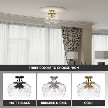 VONLUCE Semi Flush Mount Ceiling Light, 13.8" Ceiling Light Fixture with Clear Glass Shade, E26 Base, 3-Bulb Industrial Lighting Fixture for Hallway Entryway Bedroom, Brushed Gold, ETL Certificated