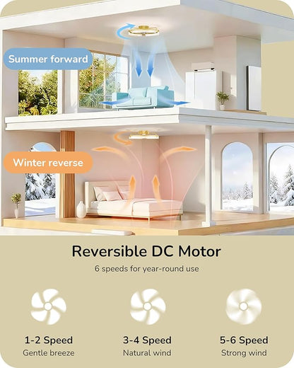 EDISHINE Ceiling Fans with Lights, 20'' Low Profile Flush Mount Fandelier, 3000-6000K Dimmable, 6 Speeds, App & Remote Control, DC Motor, LED Modern Bladeless Fan Light for Bedroom, Gold