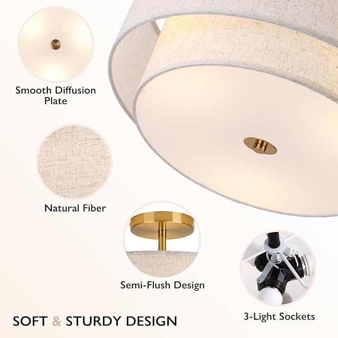 CALOKES 16" Double Drum Gold 3-Light Semi Flush Mount Ceiling Light, Classic Fabric Linen Shade Design for Living Room, Bedroom, Kitchen, Dining Room, Hallway and Entryway