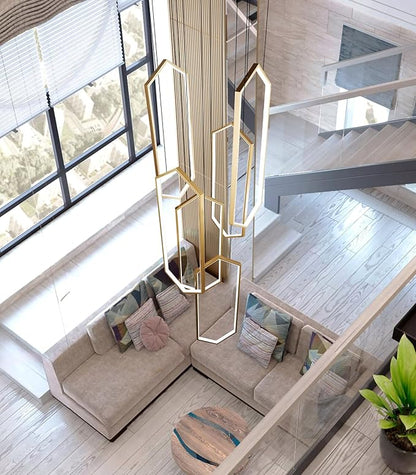6-Rings Chandelier Modern, Gold Contemporary LED Light for Living Room Entrance, Dimmable Flush Mount High Ceiling Chandeliers with Remote Control for Villa Foyer