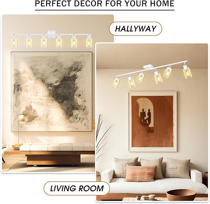 BoostArea White LED 6 Light Track Lighting Kit, 6 Way Ceiling Spot Lighting with Glass Lampshade, Flexibly Rotatable Light Head for Kitchen, Living Room, Bedroom, Bulb Not Included