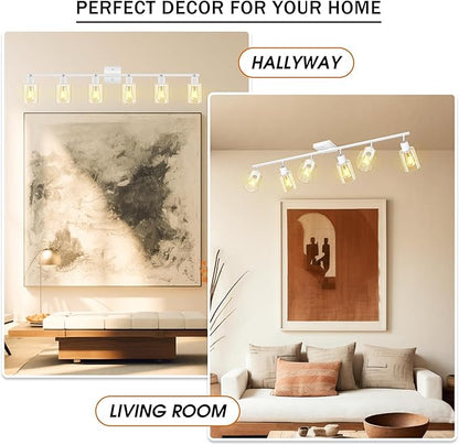 BoostArea White LED 6 Light Track Lighting Kit, 6 Way Ceiling Spot Lighting with Glass Lampshade, Flexibly Rotatable Light Head for Kitchen, Living Room, Bedroom, Bulb Not Included