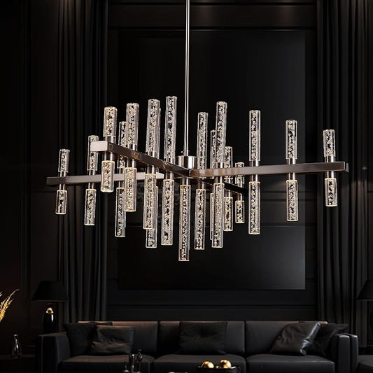 Modern Chandelier Lighting Led Pendant Lights Fixtures with Acrylic Shade Satin Nickel Island Chandeliers 33-Lihgts Contemporary Ceiling Dining Room Living Dimmable Warm White D31.5