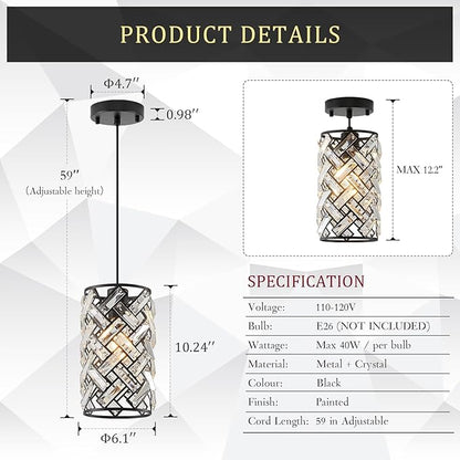CATINER Modern Black Crystal Pendant Light Fixture - Mini Chandelier for Kitchen Island, Dining Room, Living Room, Hallway, Porch, Bedroom Lighting