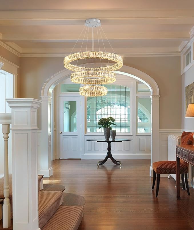 HAIXIANG Modern Glam Chandelier Crystal LED Remote Rings Chandelier Adjustable Hanging Ceilings Pendant Lights Fixture Silver 8"+16"+24" Rings Lighting
