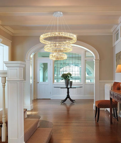 HAIXIANG Modern Glam Chandelier Crystal LED Remote Rings Chandelier Adjustable Hanging Ceilings Pendant Lights Fixture Silver 8"+16"+24" Rings Lighting