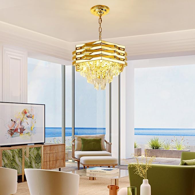 Depuley 16" Gold Crystal Chandelier: 5-Light Hanging Ceiling Light Fixture 3-Tier Flush Mount Chandelier Pendant Light for Dining Room Living Room Foyer Kitchen Island Included Bulbs