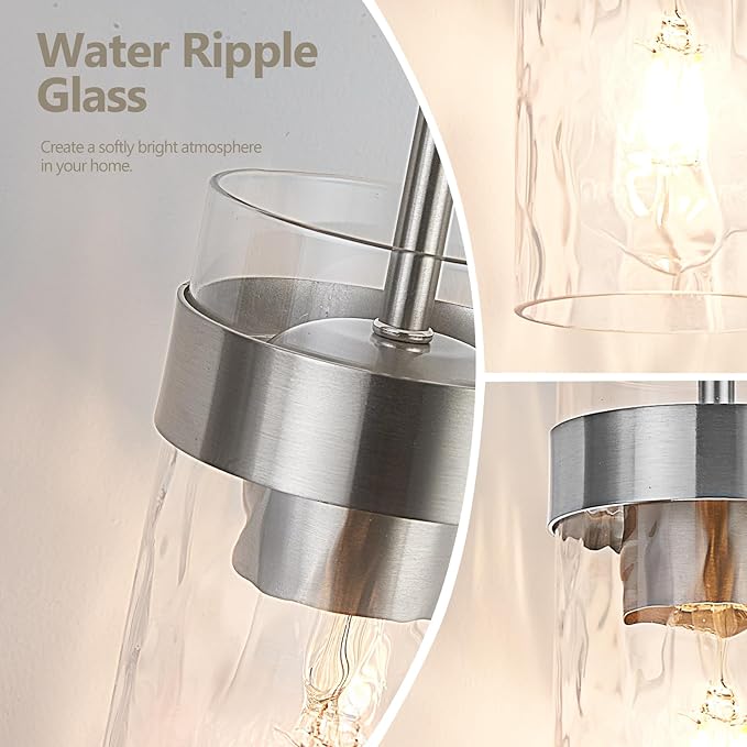 Water Ripple Glass Pendant Lights Kitchen Island Brushed Nickel Pendant Light Fixtures Adjustable Modern Mini Hanging Light for Sink Dining Room Foyer Entryway Bar, 1 Pack