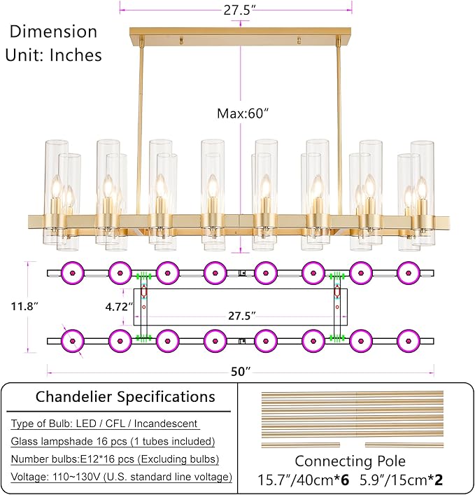 Modern Gold Linear Chandelier, 50'' Rectangular 16-Light Lighting Fixture with Glass Shades, Adjustable Hanging Height, Over Dining Table for Dining Room, Kitchen Island