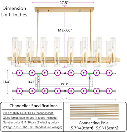 Modern Gold Linear Chandelier, 50'' Rectangular 16-Light Lighting Fixture with Glass Shades, Adjustable Hanging Height, Over Dining Table for Dining Room, Kitchen Island