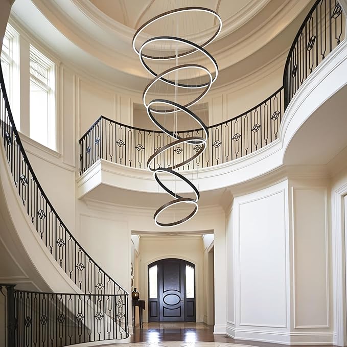 7 Ring LED Chandelier Black Walnut Wood Chandelier Large Dimmable Circular Chandeliers Light High Ceiling Round Chandeliers for Foyer Staircase Living Room 31in