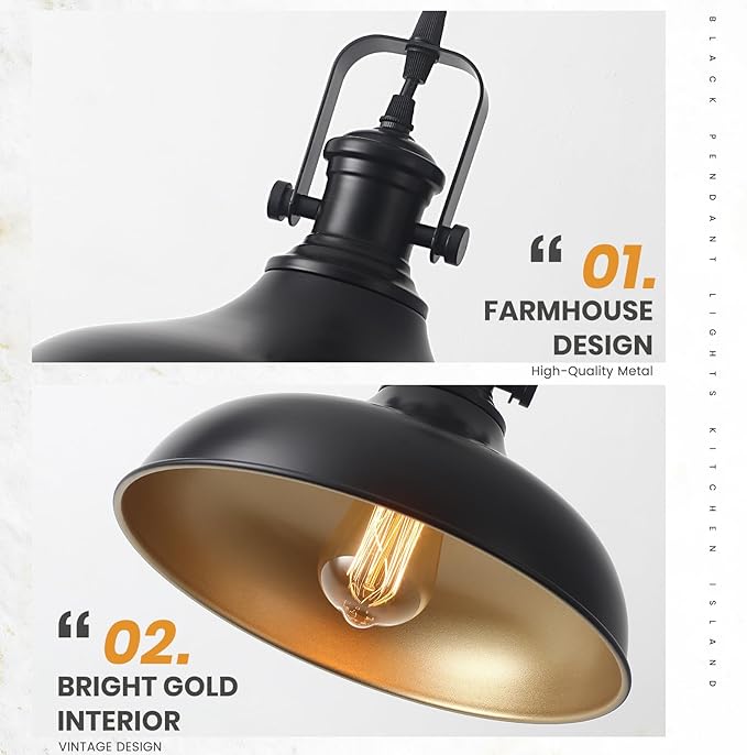 Black Farmhouse Pendant Lights Kitchen Island, 11.41" Kitchen Pendant Lighting, Vintage Industrial Pendant Light,Island Lights for Kitchen Dining Room Bedroom, 1 Pack