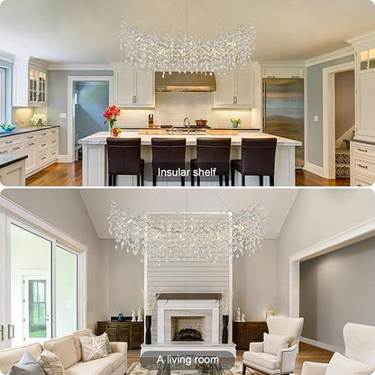 Modern Crystal Silver Chandeliers,63" Large Rectangular Dining Room Over Table Chandelier, Tree Branch Crystal Lving Room Chandelier for High Ceiling,Kitchen Island