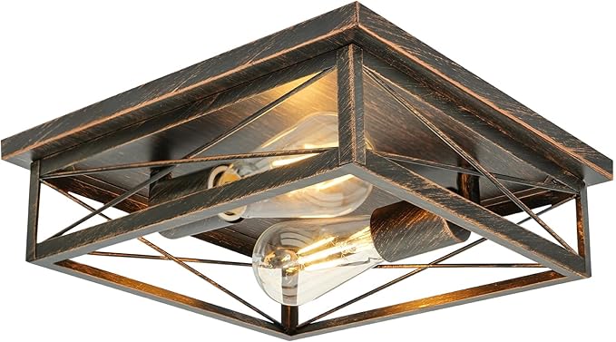 Farmhouse Ceiling Light Fixture - Industrial Square Modern Black Flush Mount Ceiling Light for Kitchen, Hallway, Bedroom, Balcony, Porch, Stairway, E26 (1 Pack - Black Gold, 12 Inch)